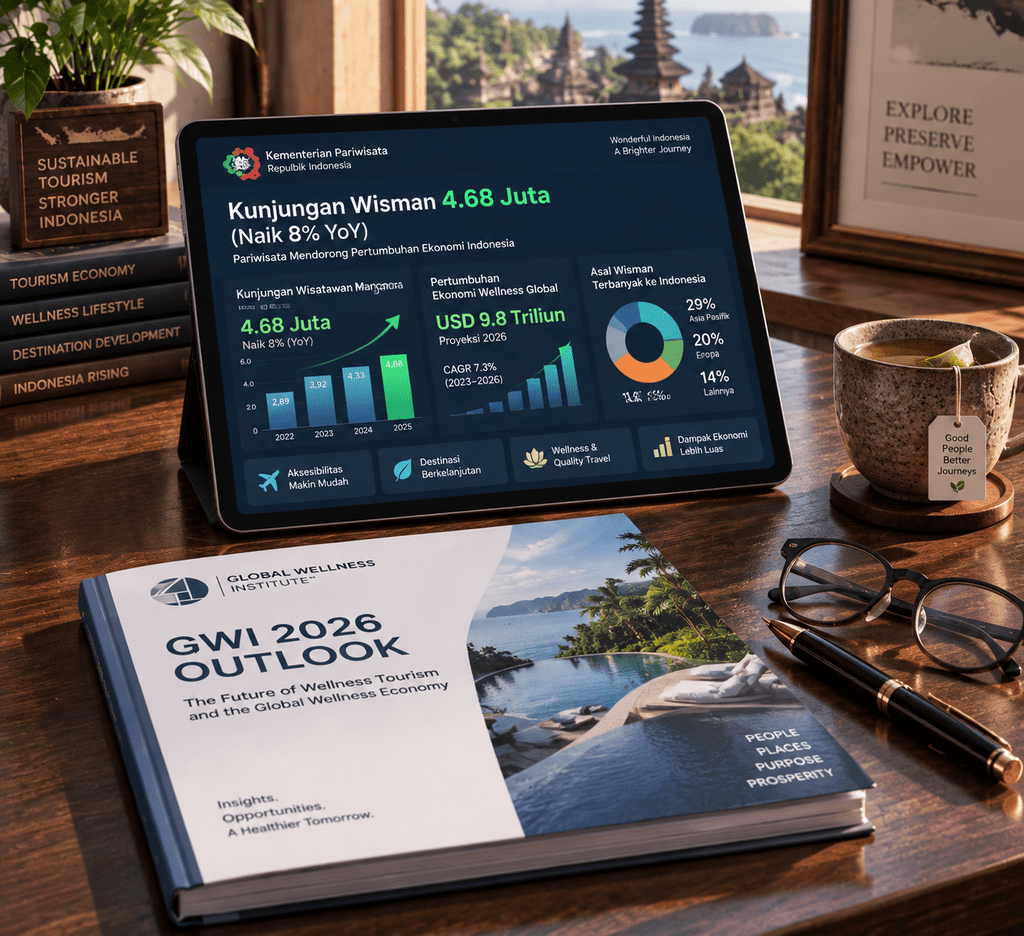 Tablet menampilkan grafik data pertumbuhan kunjungan wisman 4,68 juta dan proyeksi ekonomi wellness global GWI.