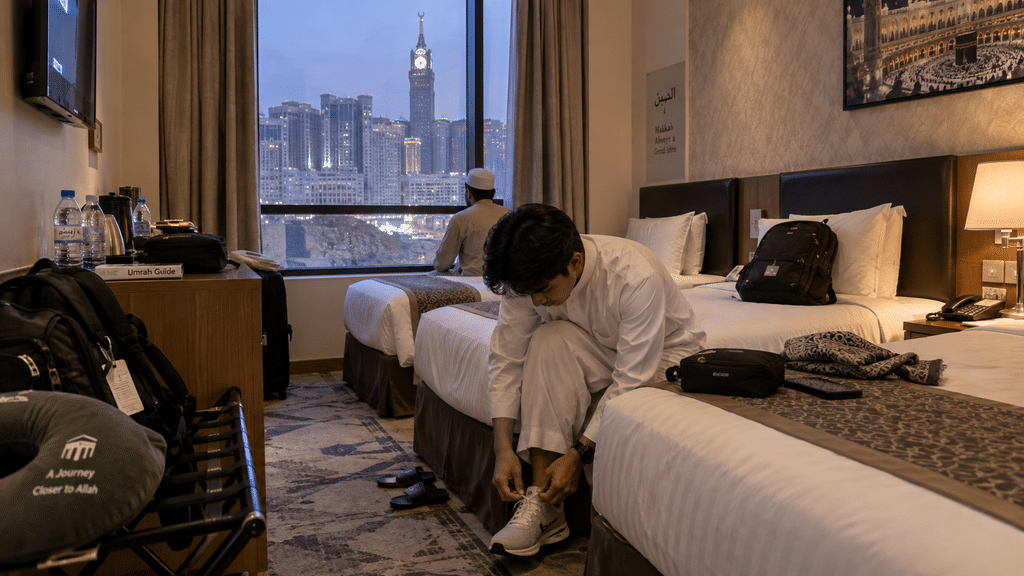 Suasana kamar hotel sederhana namun nyaman di Makkah yang dihuni jamaah muda tren umroh Gen Z.