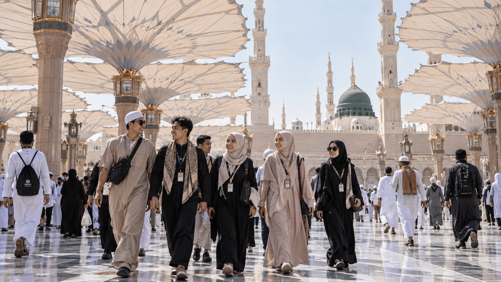Kelompok pemuda Indonesia berjalan bersama melintasi pelataran kota Madinah dalam bingkai tren umroh Gen Z.