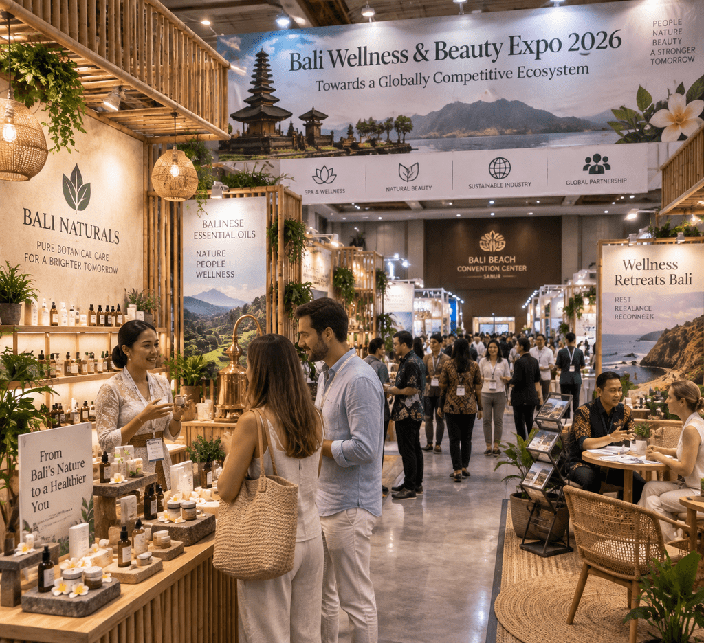 Suasana pameran industri Bali Wellness and Beauty Expo 2026 di Bali Beach Convention Center Sanur.
