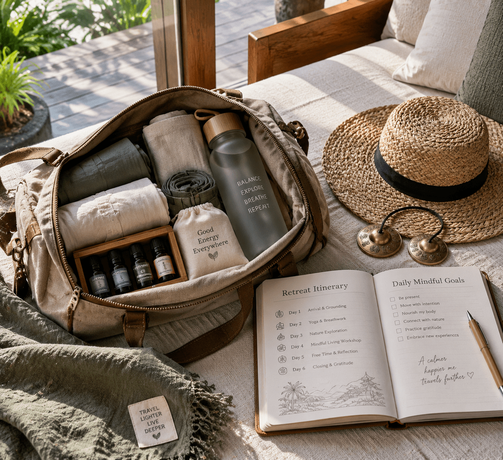 Perlengkapan perjalanan wellness retreat berupa jurnal meditasi, pakaian yoga, dan minyak esensial.