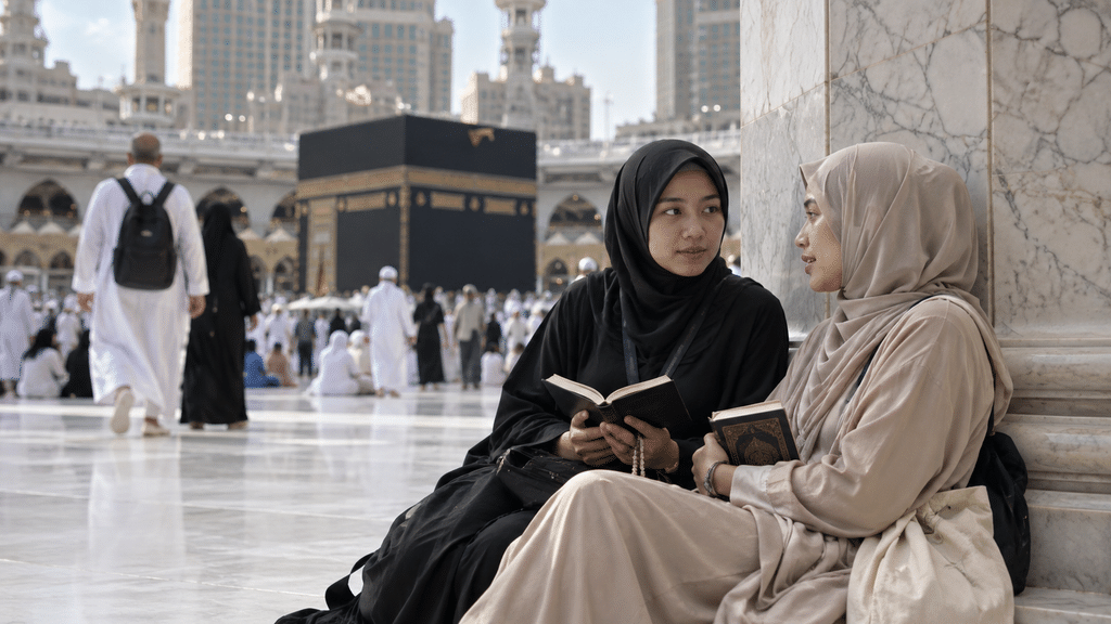 Dua muslimah muda Gen Z berbincang akrab di pelataran masjid dalam perjalanan spiritual umroh.