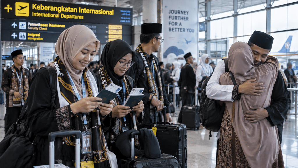 Suasana rombongan jamaah muda berkumpul di terminal keberangkatan internasional bandara sebelum bertolak umroh.
