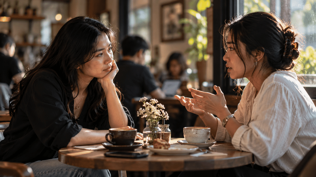 Dua sahabat berbincang mendalam dan saling mendukung di sudut meja kedai kopi yang tenang.