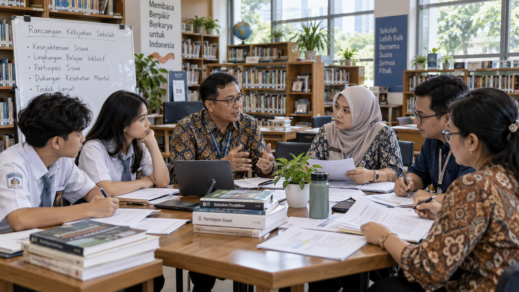 Guru, perwakilan orang tua, dan konselor duduk bersama menyusun program perlindungan kesehatan mental sekolah.