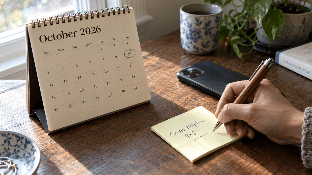 Seseorang mencatat nomor kontak bantuan psikologis di dekat kalender meja bulan Oktober 2026.