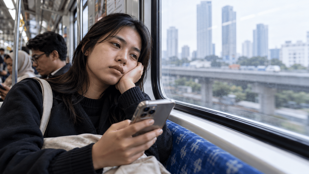 Seorang komuter menatap kosong ke layar ponsel cerdasnya saat berada di dalam kereta, merepresentasikan pikiran yang melantur dan kelelahan kognitif.