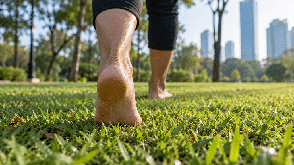 Seseorang mempraktikkan jalan sadar (mindful walking) dengan berjalan kaki tanpa alas di atas rumput hijau taman kota.