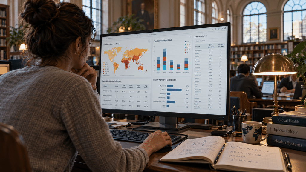 Peneliti menganalisis grafik laporan Mental Health Atlas WHO di monitor stasiun kerja epidemiologi.
